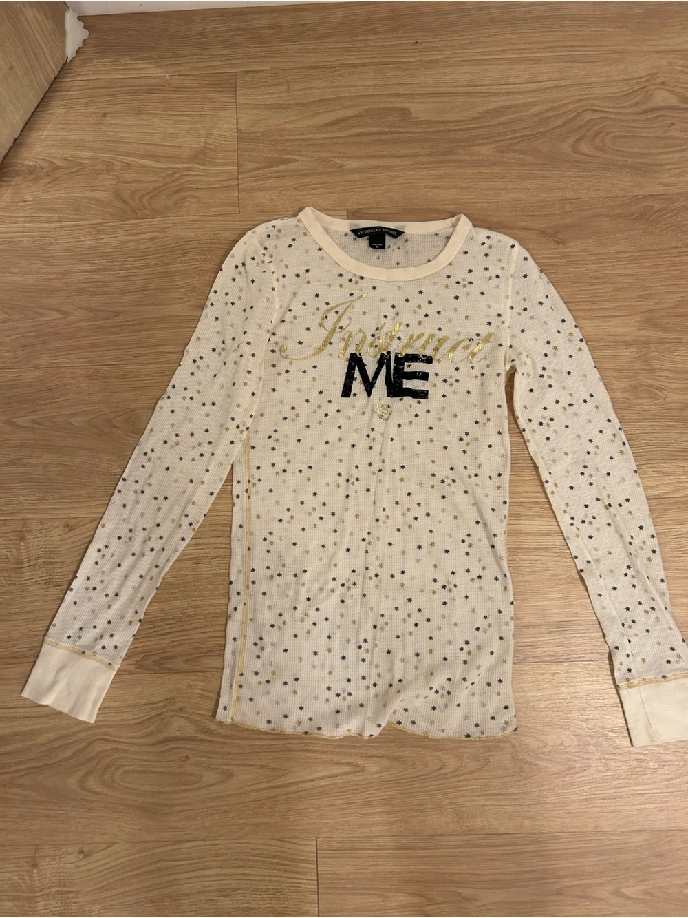 Victoria's Secret Cream Waffle Knit Pajama Top with Gold & Black Star Accents